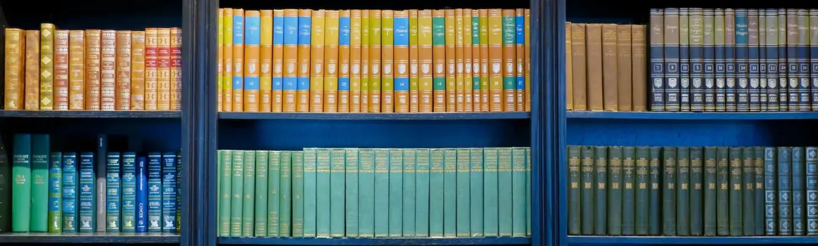 Aanzicht van een boekenkast op kleur gesorteerd