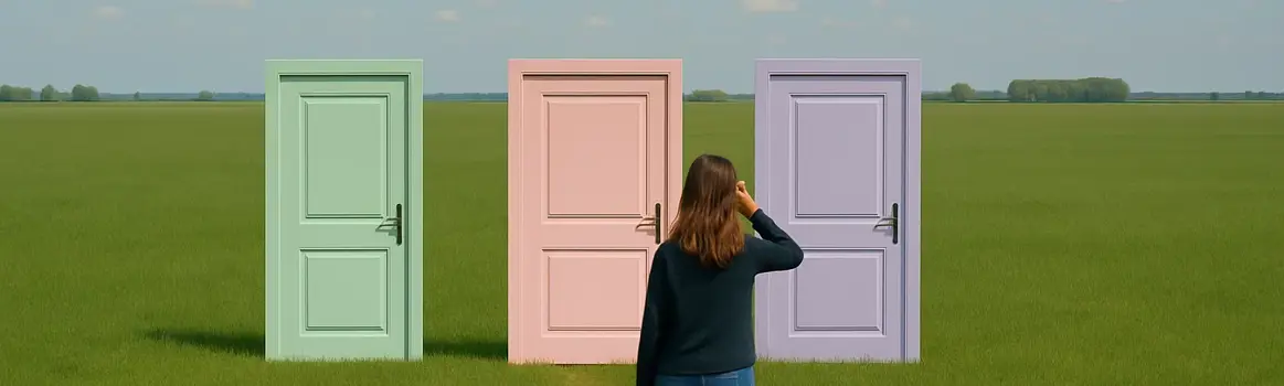 Vrouw staat op grasveld met pastelgroen, pastelpaars en pastelroze deur